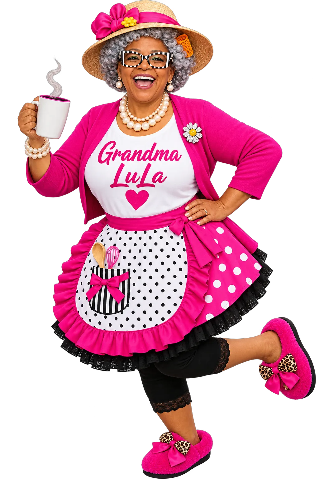 Grandma LuLa in her pink cardigan holding a cup of coffee