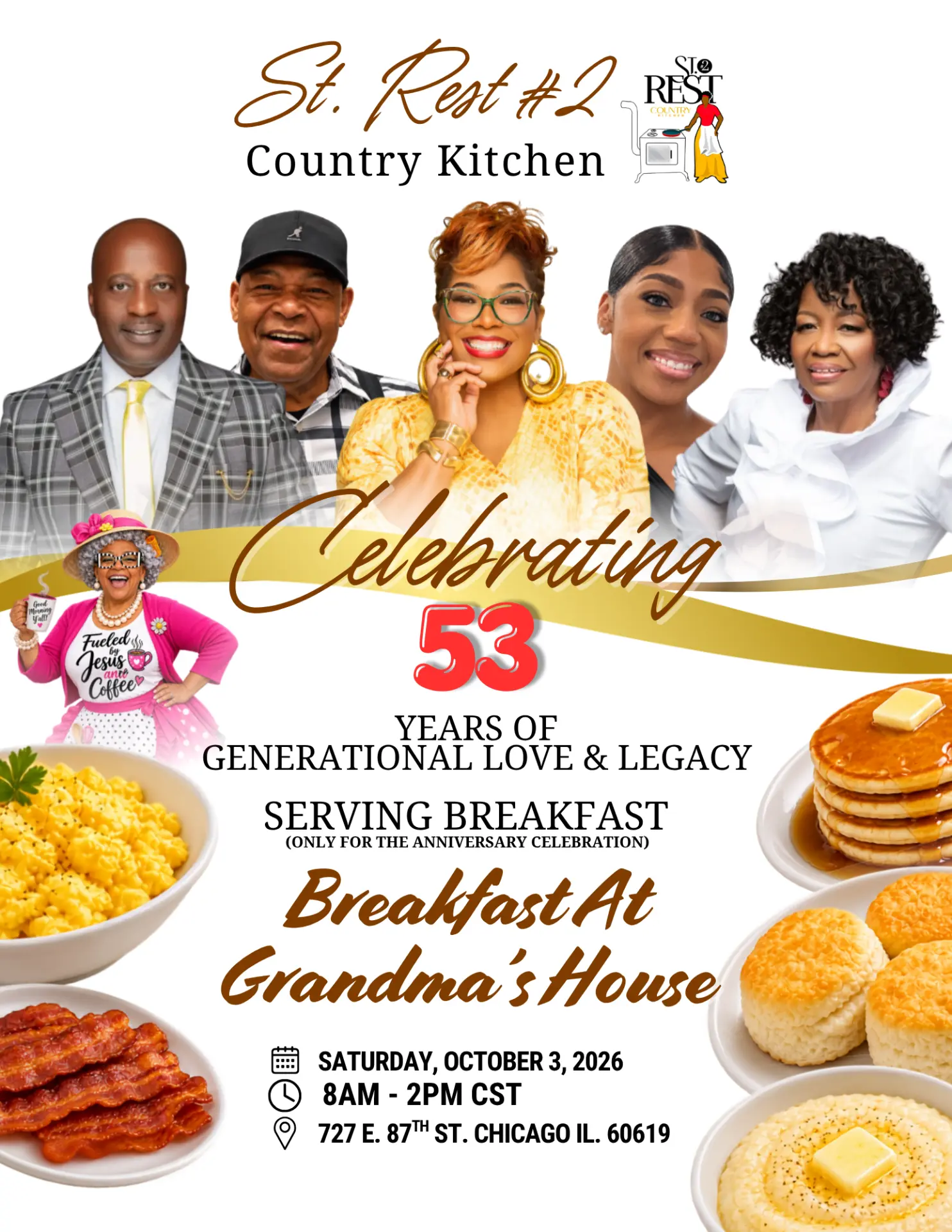 St. Rest #2 Country Kitchen family flyer: Celebrating 53 years, Breakfast At Grandma's House, Saturday October 3, 2026, 8AM-2PM CST, 727 E. 87th St. Chicago